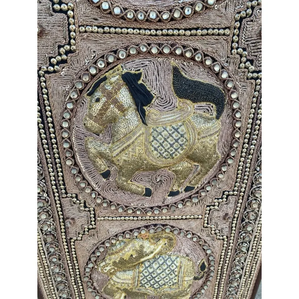 Vtg Burmese Thai Kalaga Tapestry Wall Art Elephant Peacock Lion Beaded 54” Large - Picture 16 of 16